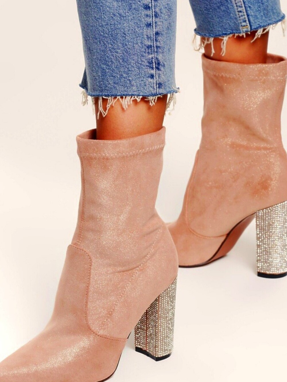 Esther Blush Pink Glitter Block Heel Ankle Boots